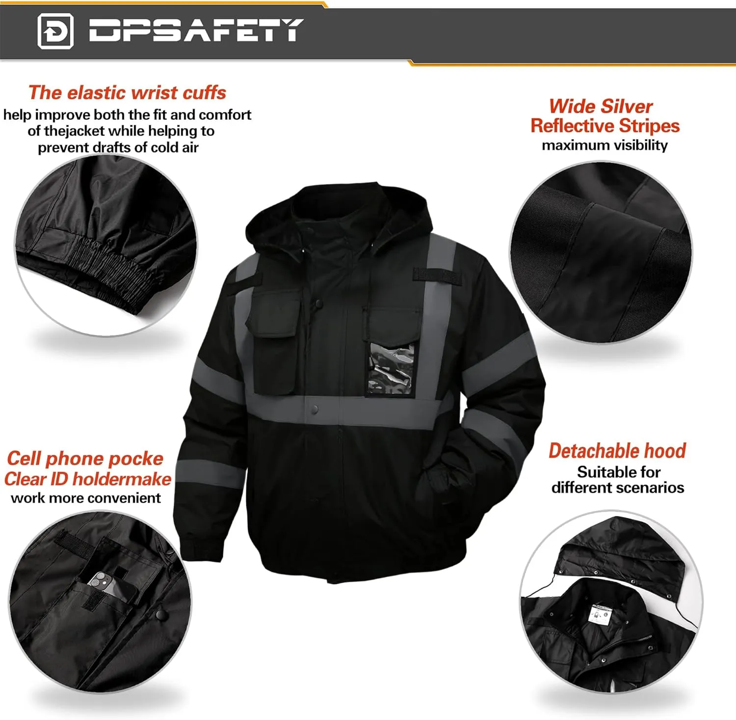 safety jacket for men, Reflective high Visibility Hooded jacket, Hi-Vis Bomber Jacket with Pockets and Zipper, waterproof, Black Bottom, ANSI/ISEA 107-2020 Type R Class 3