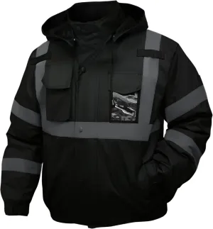safety jacket for men, Reflective high Visibility Hooded jacket, Hi-Vis Bomber Jacket with Pockets and Zipper, waterproof, Black Bottom, ANSI/ISEA 107-2020 Type R Class 3