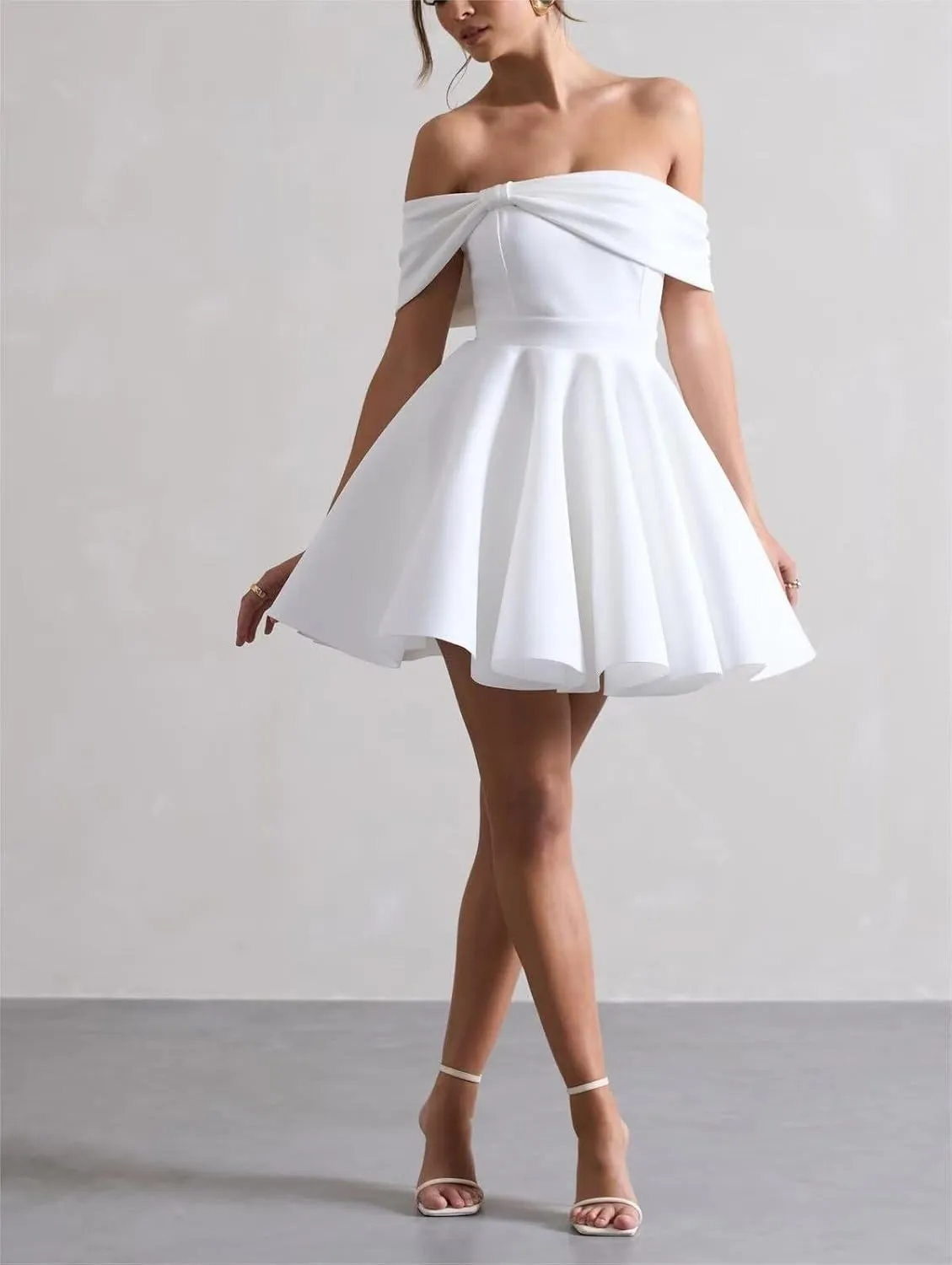 Satin Wedding Dresses for Bride Off Shoulder Bowknot Short Homecoming Dresses Puffy Sleeves Prom Dress with Pockets