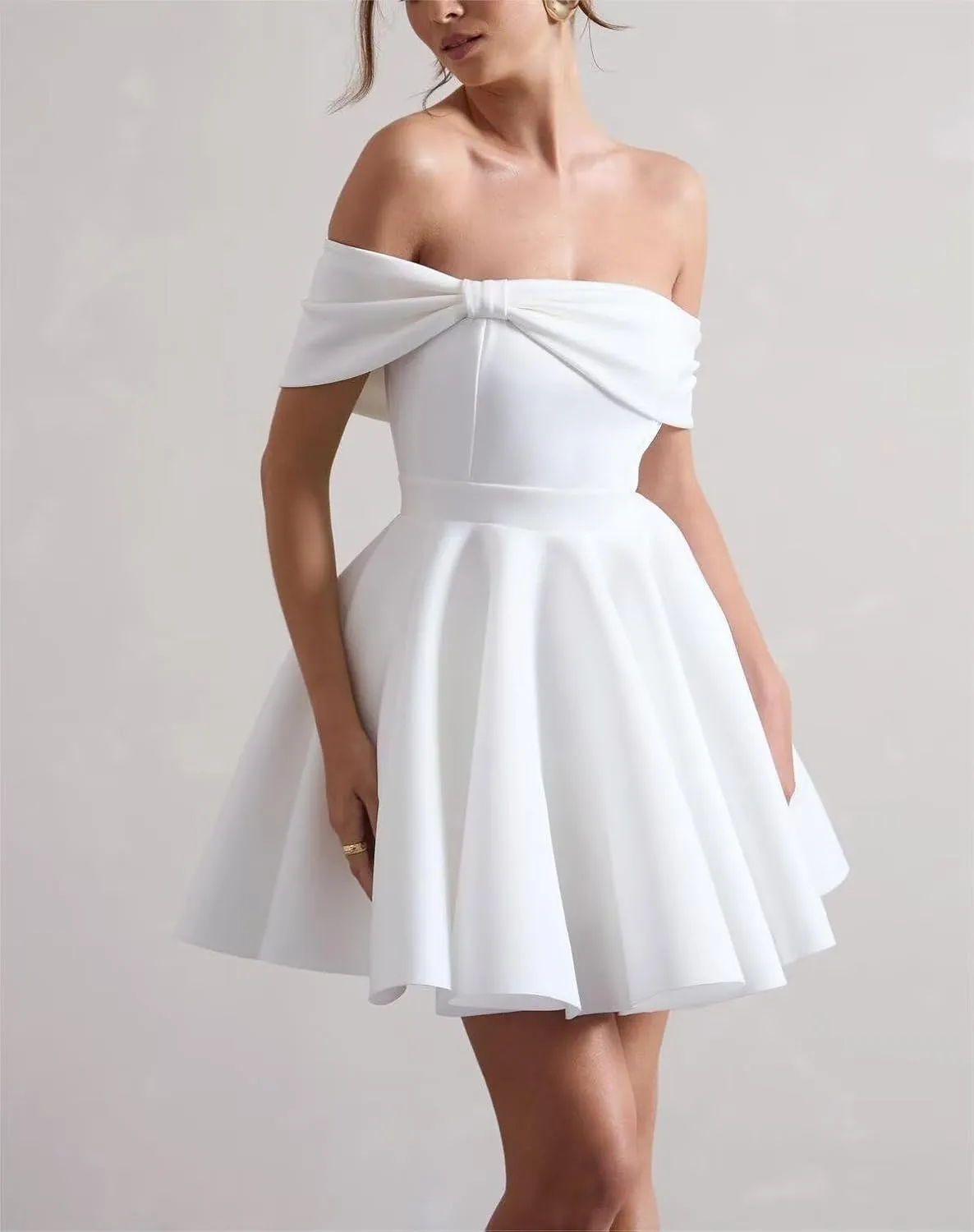 Satin Wedding Dresses for Bride Off Shoulder Bowknot Short Homecoming Dresses Puffy Sleeves Prom Dress with Pockets