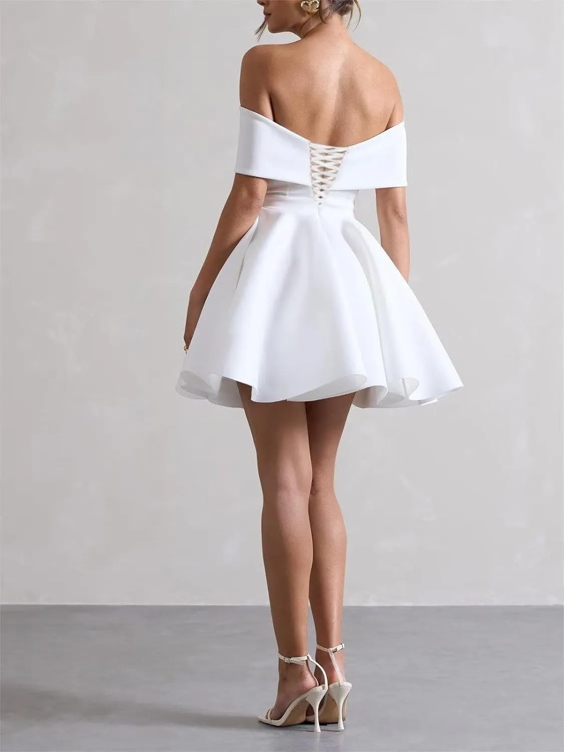 Satin Wedding Dresses for Bride Off Shoulder Bowknot Short Homecoming Dresses Puffy Sleeves Prom Dress with Pockets
