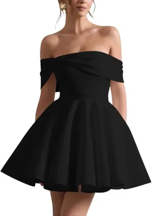 Satin Wedding Dresses for Bride Off Shoulder Bowknot Short Homecoming Dresses Puffy Sleeves Prom Dress with Pockets