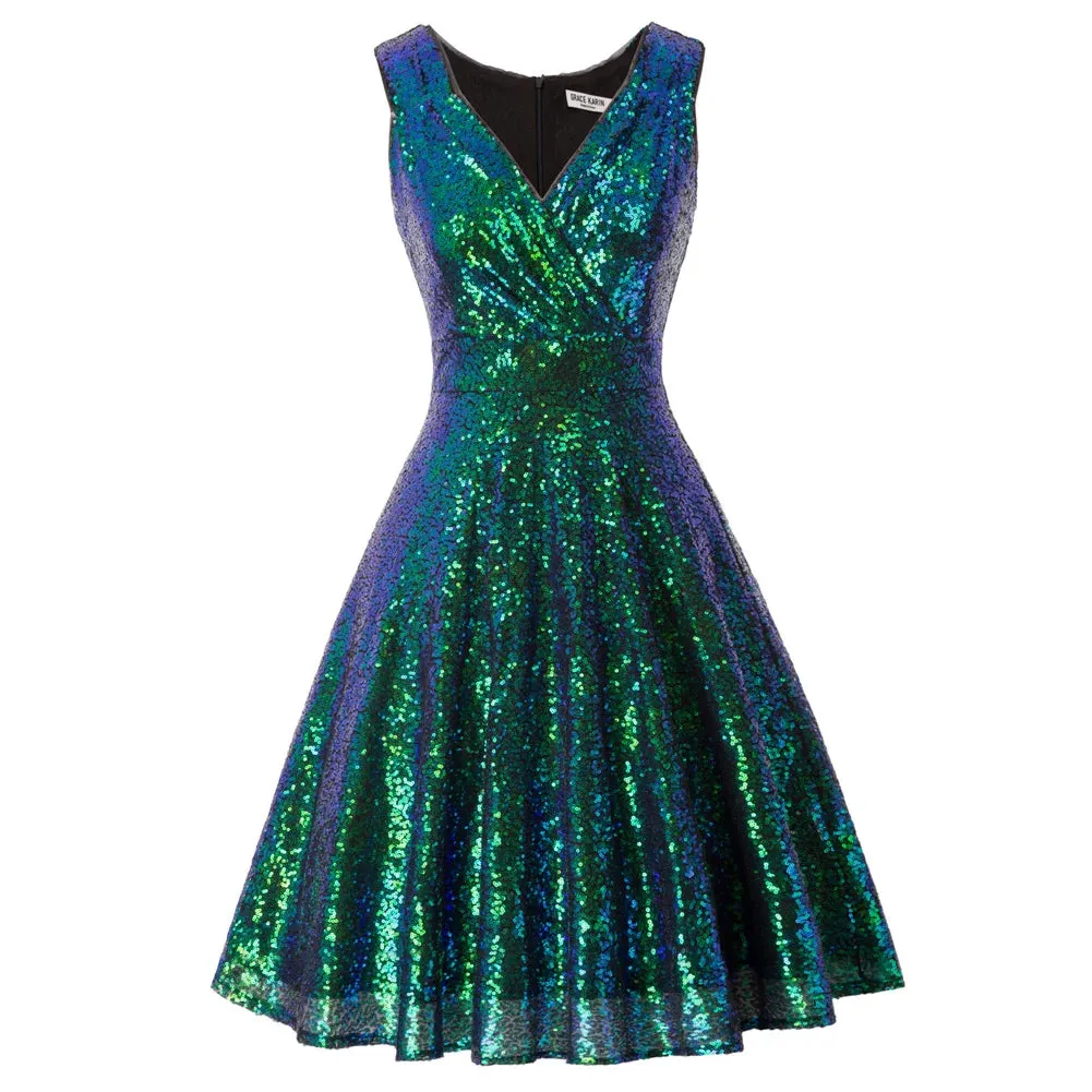 Sleeveless Sequin Glittered V-Neck Velvet Evening Dress