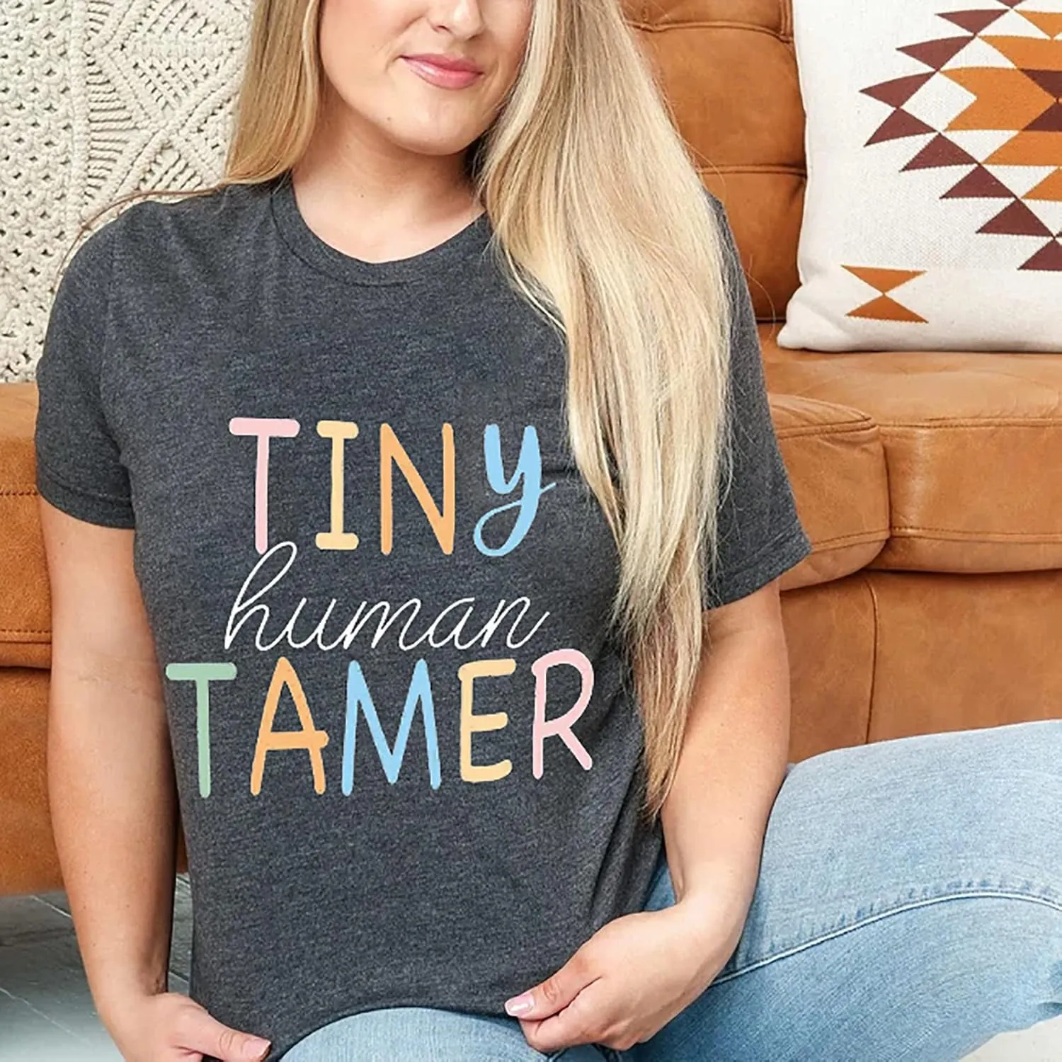Teacher Shirts for Women - Kindergarten & Elementary School Teaching Tee Funny Tiny Human Tamer Graphic Tees Tops