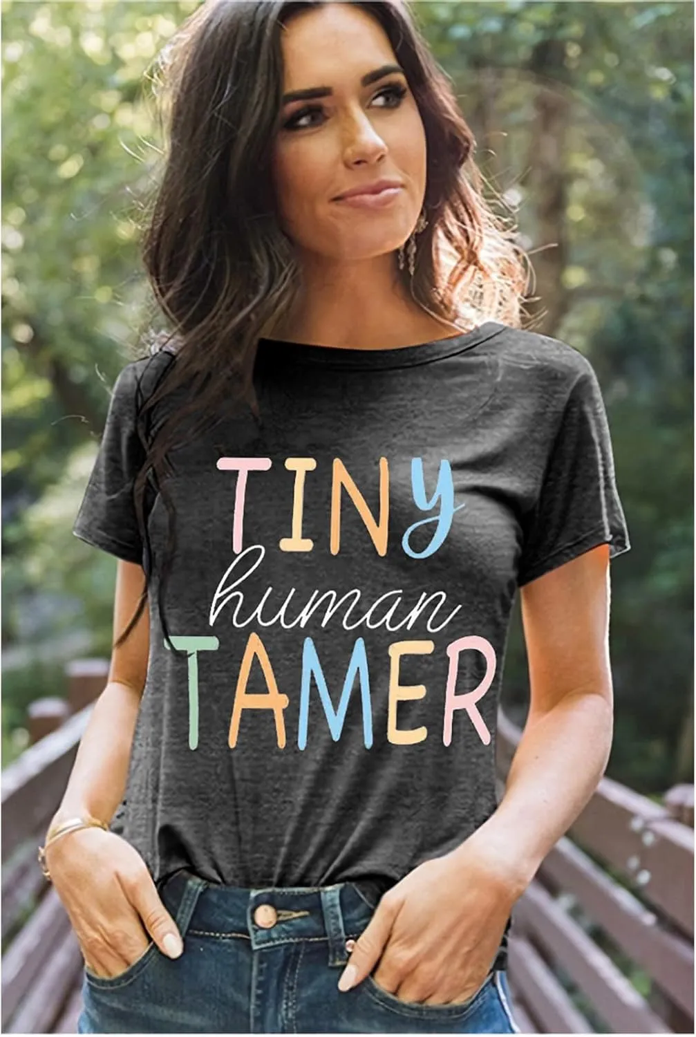 Teacher Shirts for Women - Kindergarten & Elementary School Teaching Tee Funny Tiny Human Tamer Graphic Tees Tops