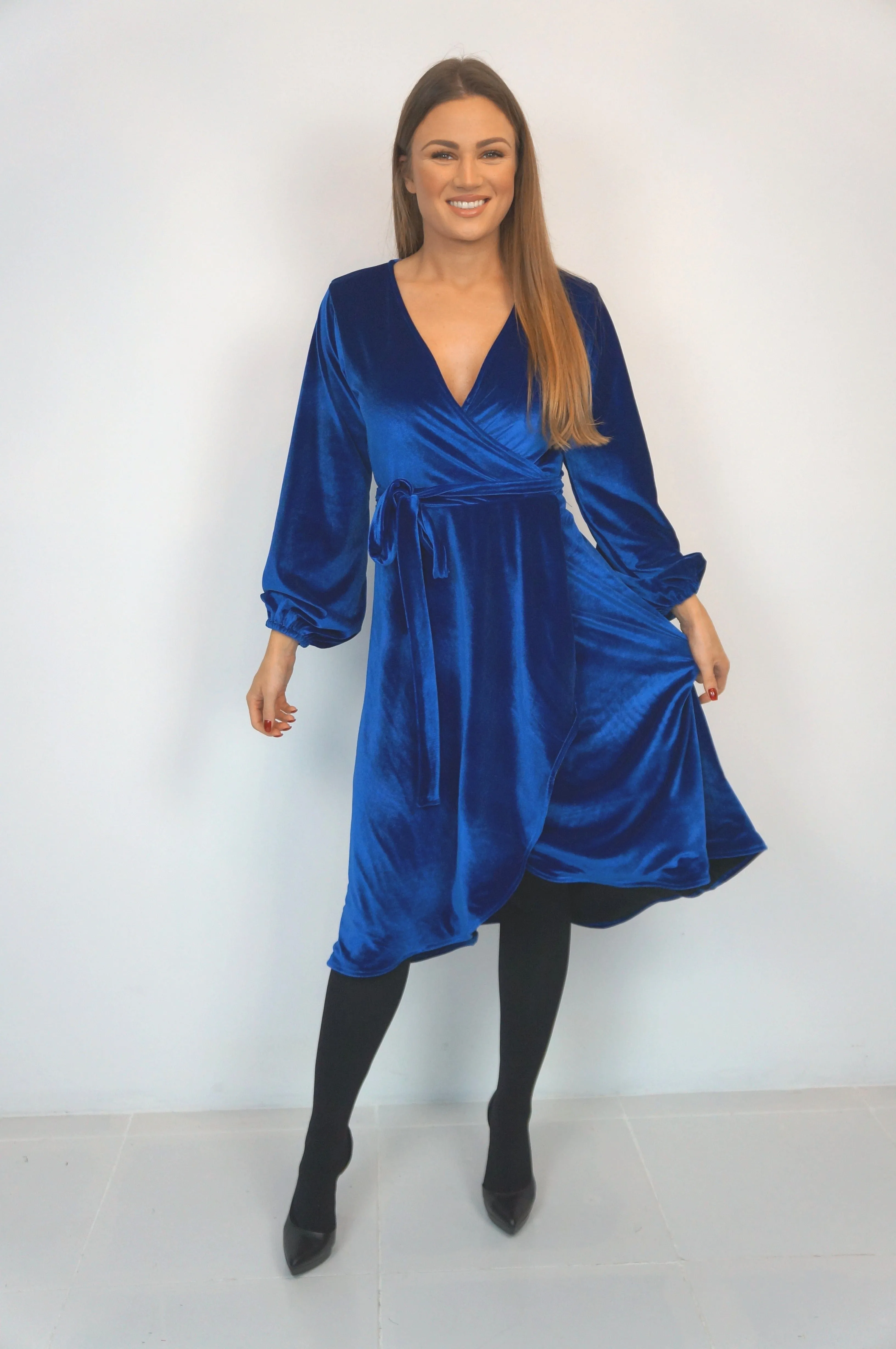 The Midi Velvet Wrap Dress w/ Balloon Sleeves - Blue Velvet