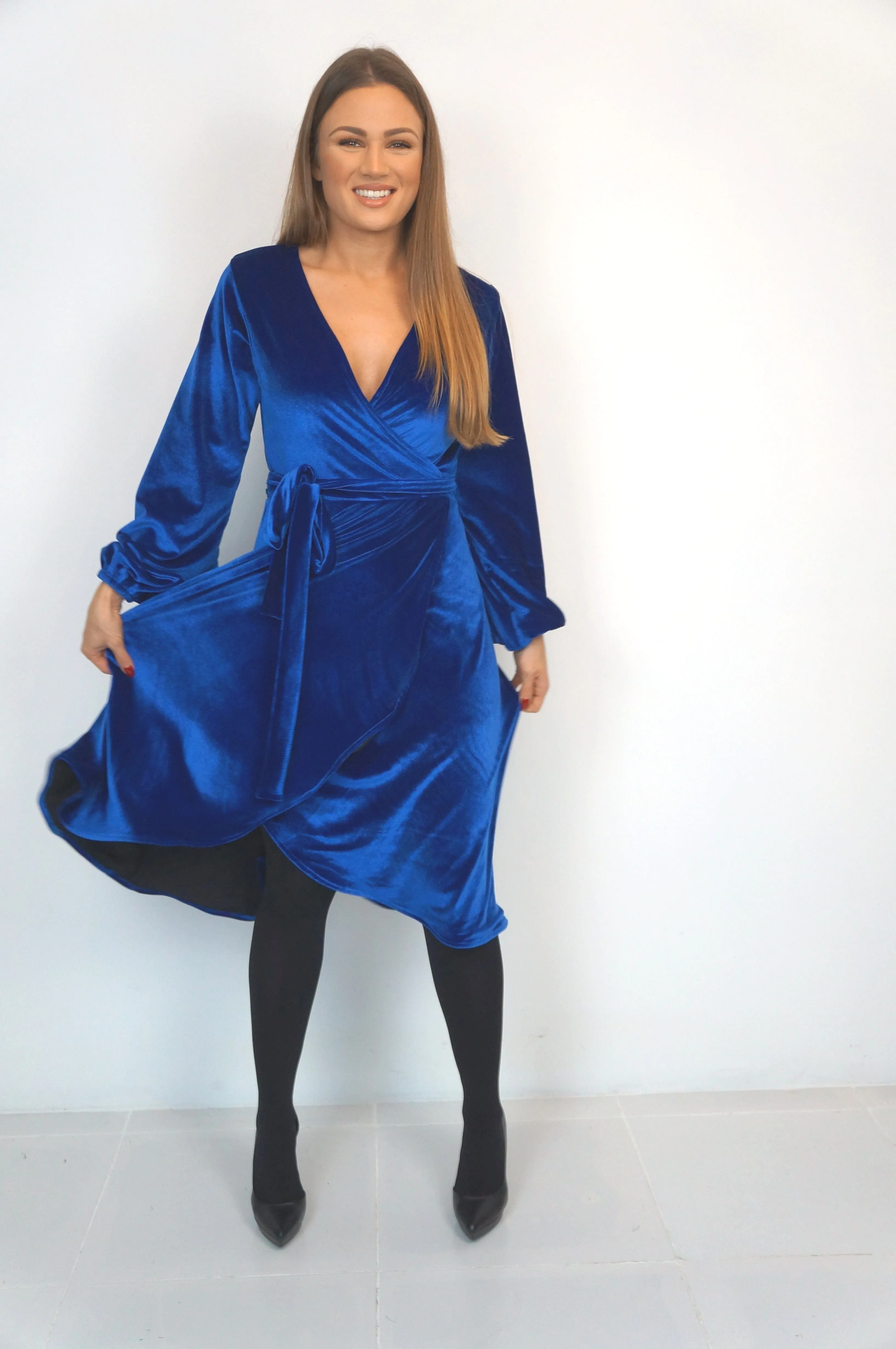 The Midi Velvet Wrap Dress w/ Balloon Sleeves - Blue Velvet