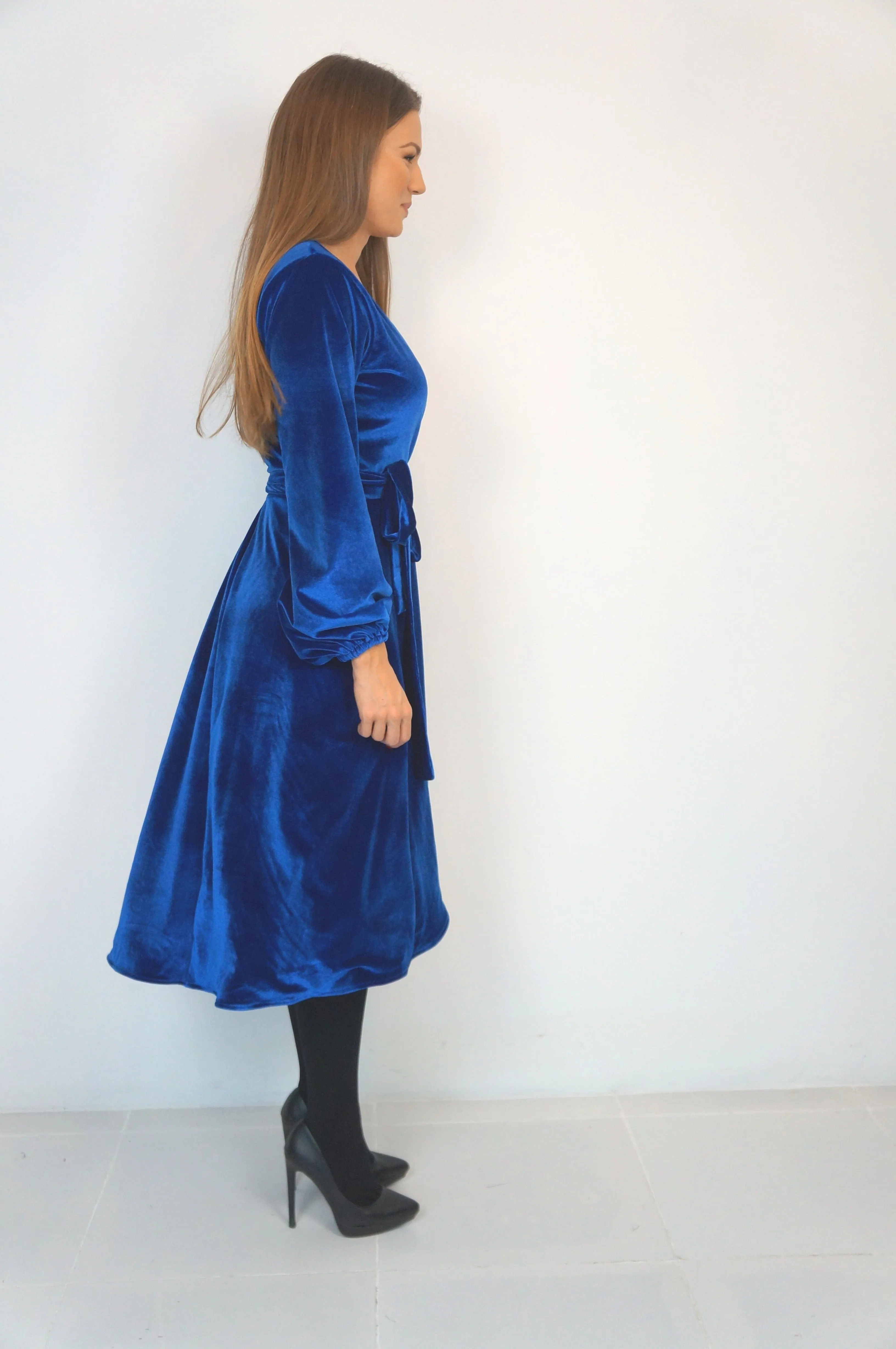 The Midi Velvet Wrap Dress w/ Balloon Sleeves - Blue Velvet