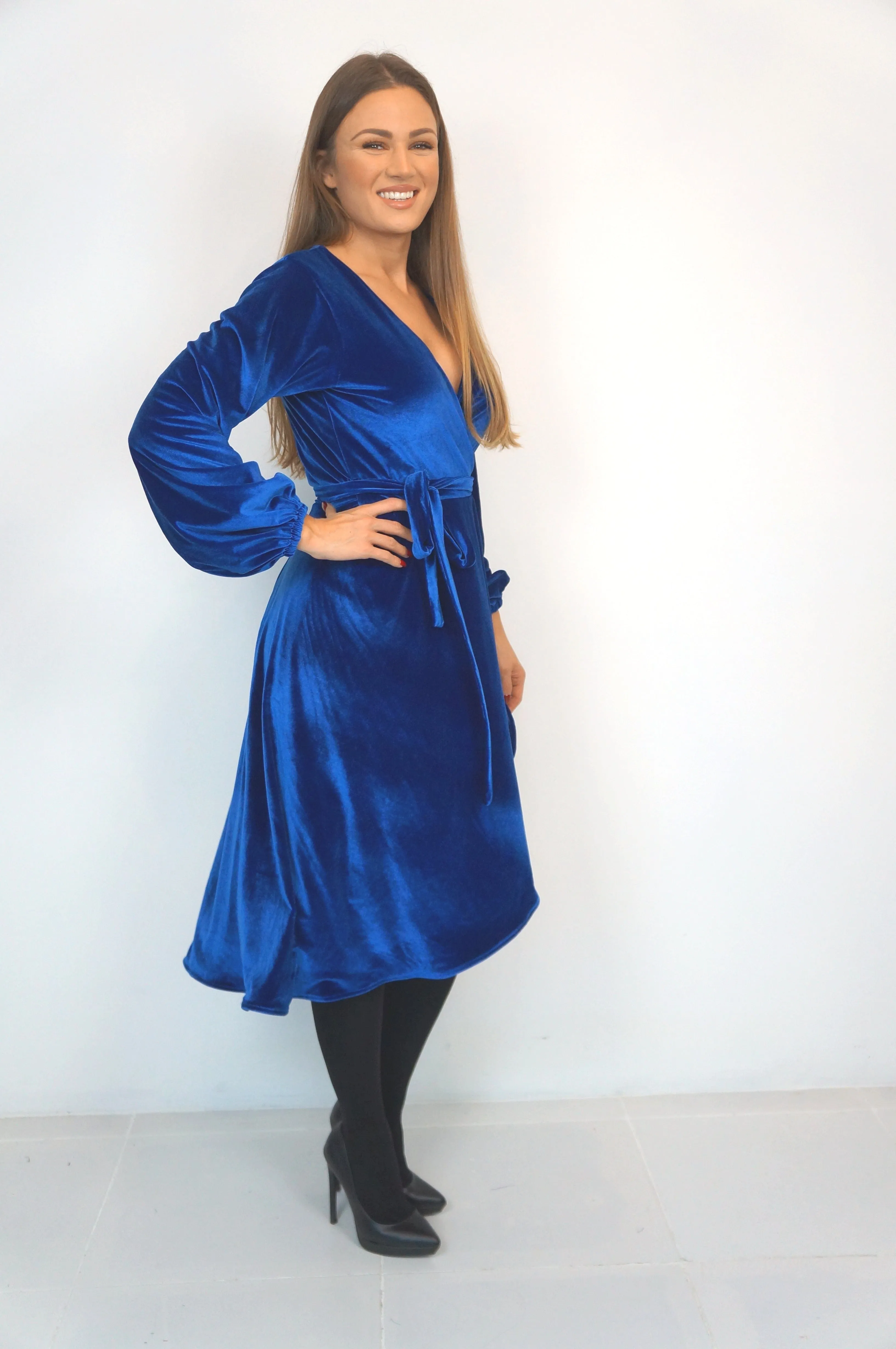 The Midi Velvet Wrap Dress w/ Balloon Sleeves - Blue Velvet