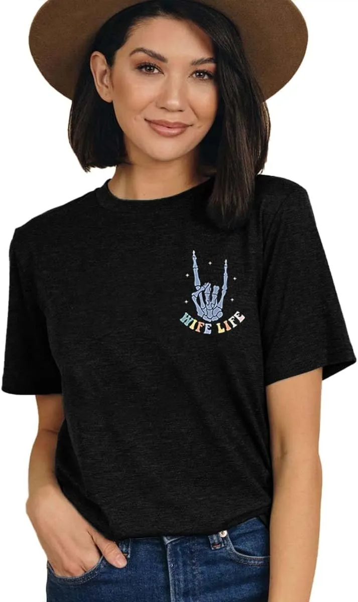 Women On My Husbands Last Nerve Shirt Funny Wife Life Skull Hand T Shirt Letter Short Sleeve Vacation Tops