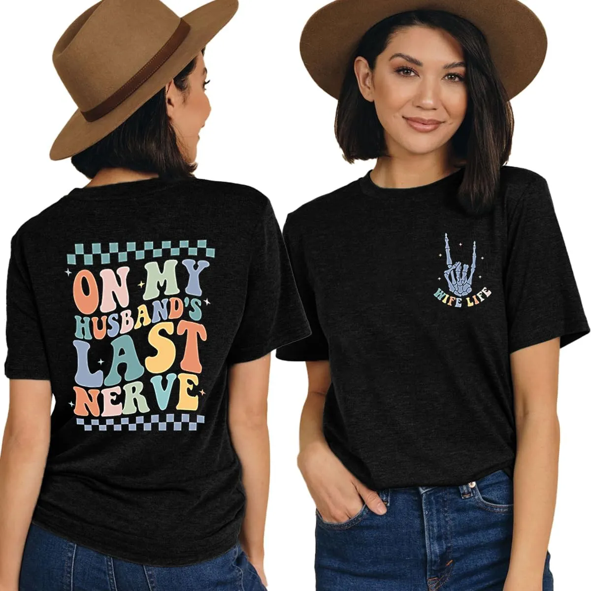 Women On My Husbands Last Nerve Shirt Funny Wife Life Skull Hand T Shirt Letter Short Sleeve Vacation Tops