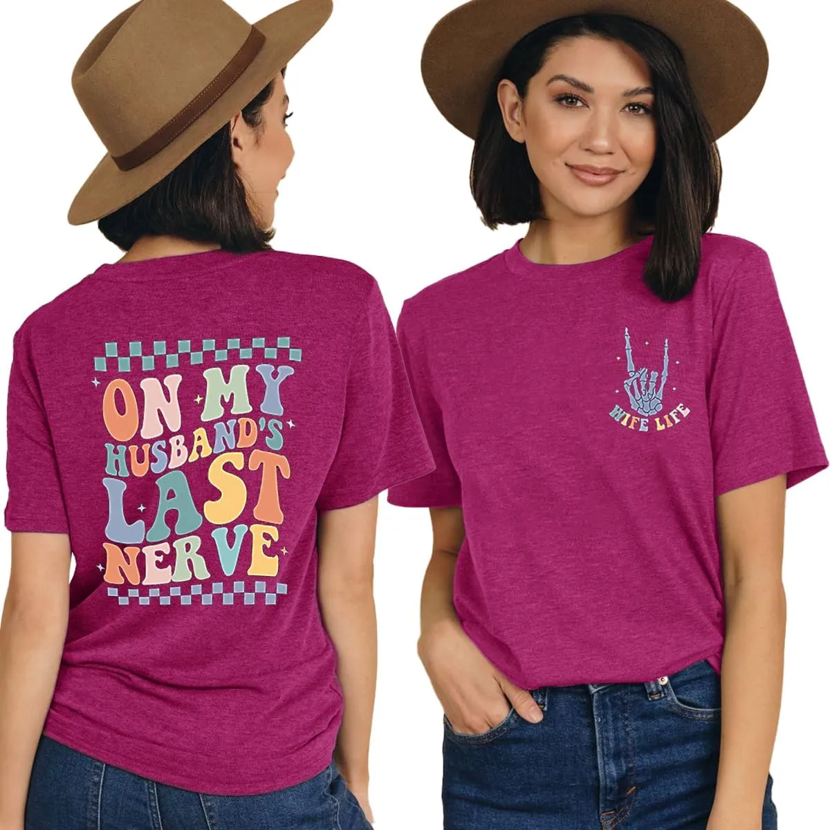 Women On My Husbands Last Nerve Shirt Funny Wife Life Skull Hand T Shirt Letter Short Sleeve Vacation Tops