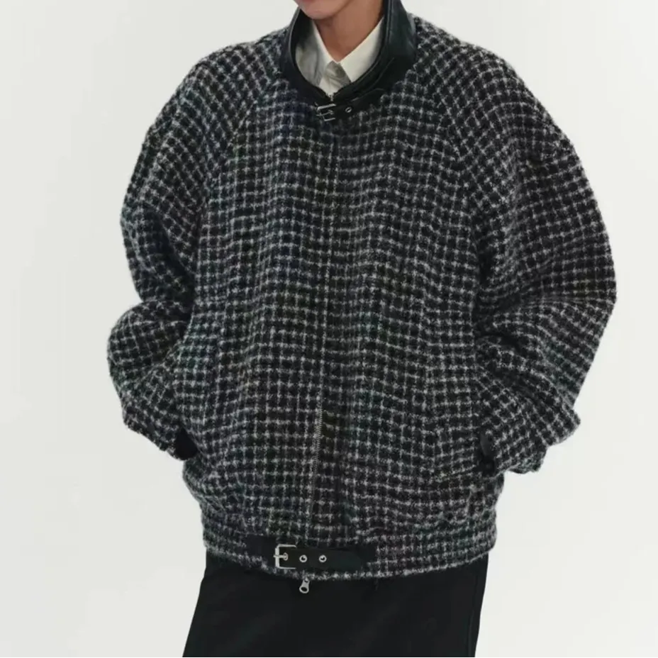 Wool Blend Checkered Splicing Buckle Decoration Double Zipper Jacket