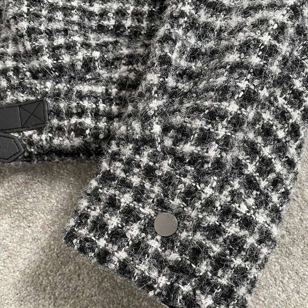 Wool Blend Checkered Splicing Buckle Decoration Double Zipper Jacket