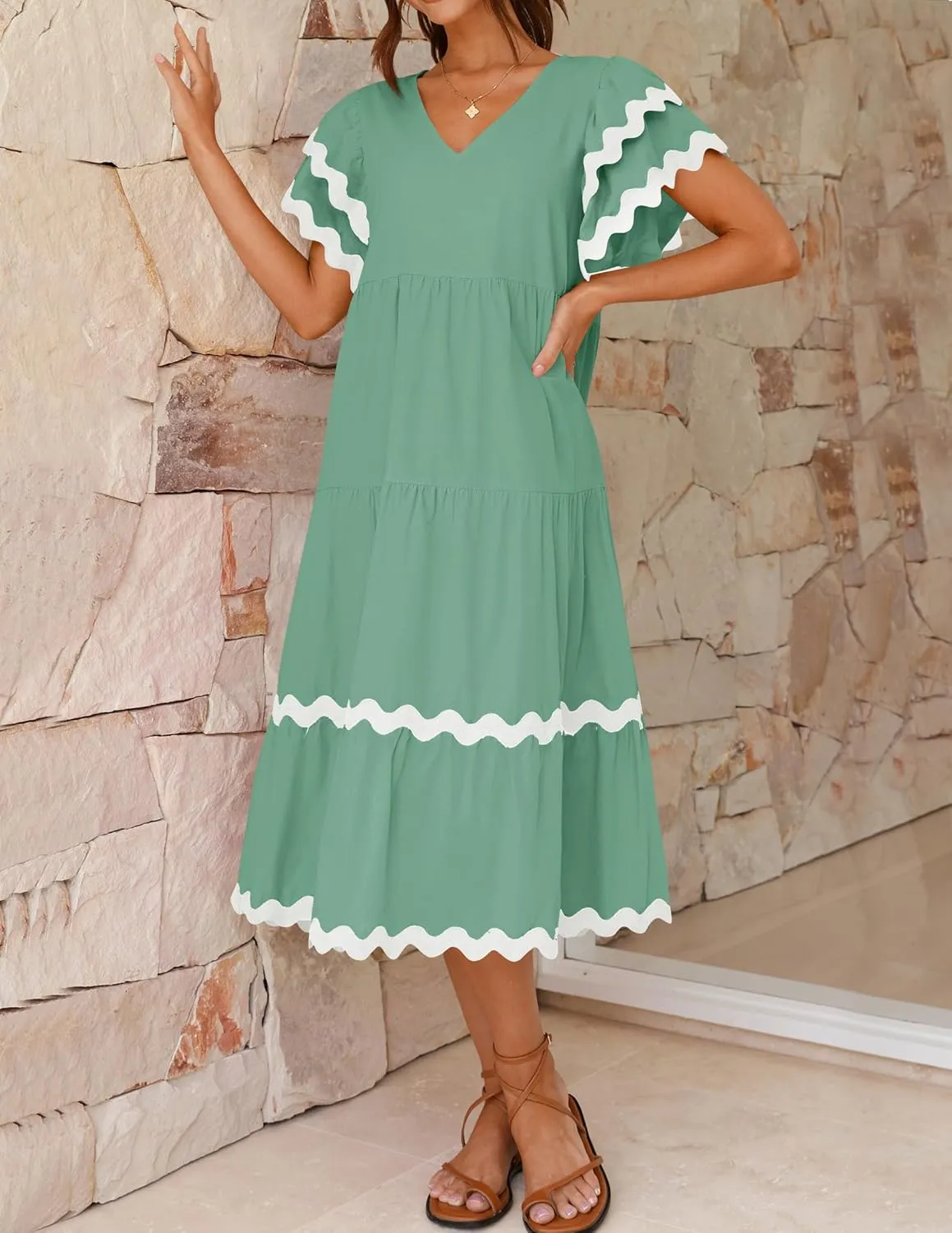 ZESICA Womens 2025 Summer Casual Midi Dresses V Neck Flutter Short Sleeve Ruffle Tiered A Line Flowy Beach Long Dress
