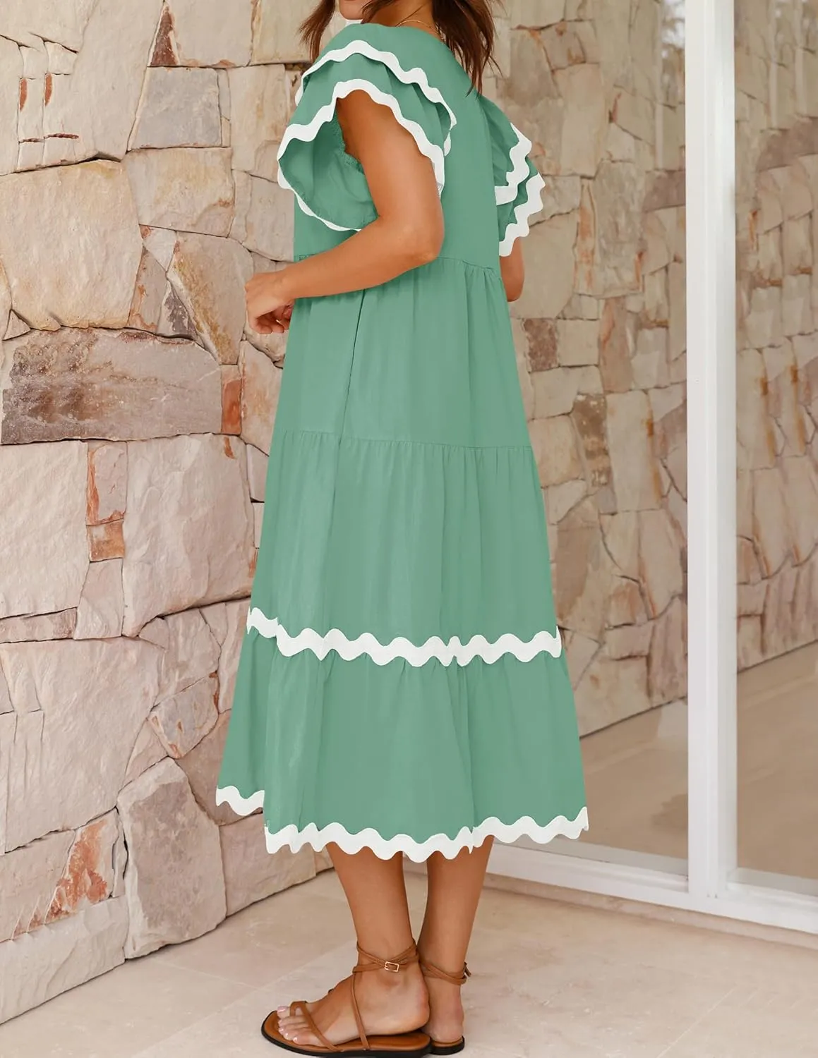 ZESICA Womens 2025 Summer Casual Midi Dresses V Neck Flutter Short Sleeve Ruffle Tiered A Line Flowy Beach Long Dress