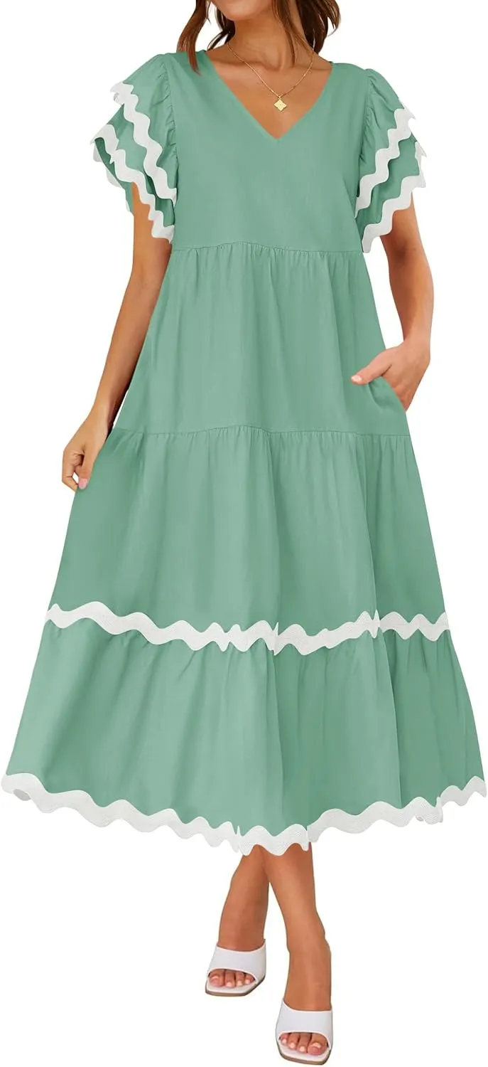 ZESICA Womens 2025 Summer Casual Midi Dresses V Neck Flutter Short Sleeve Ruffle Tiered A Line Flowy Beach Long Dress