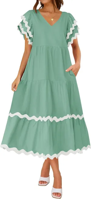ZESICA Womens 2025 Summer Casual Midi Dresses V Neck Flutter Short Sleeve Ruffle Tiered A Line Flowy Beach Long Dress