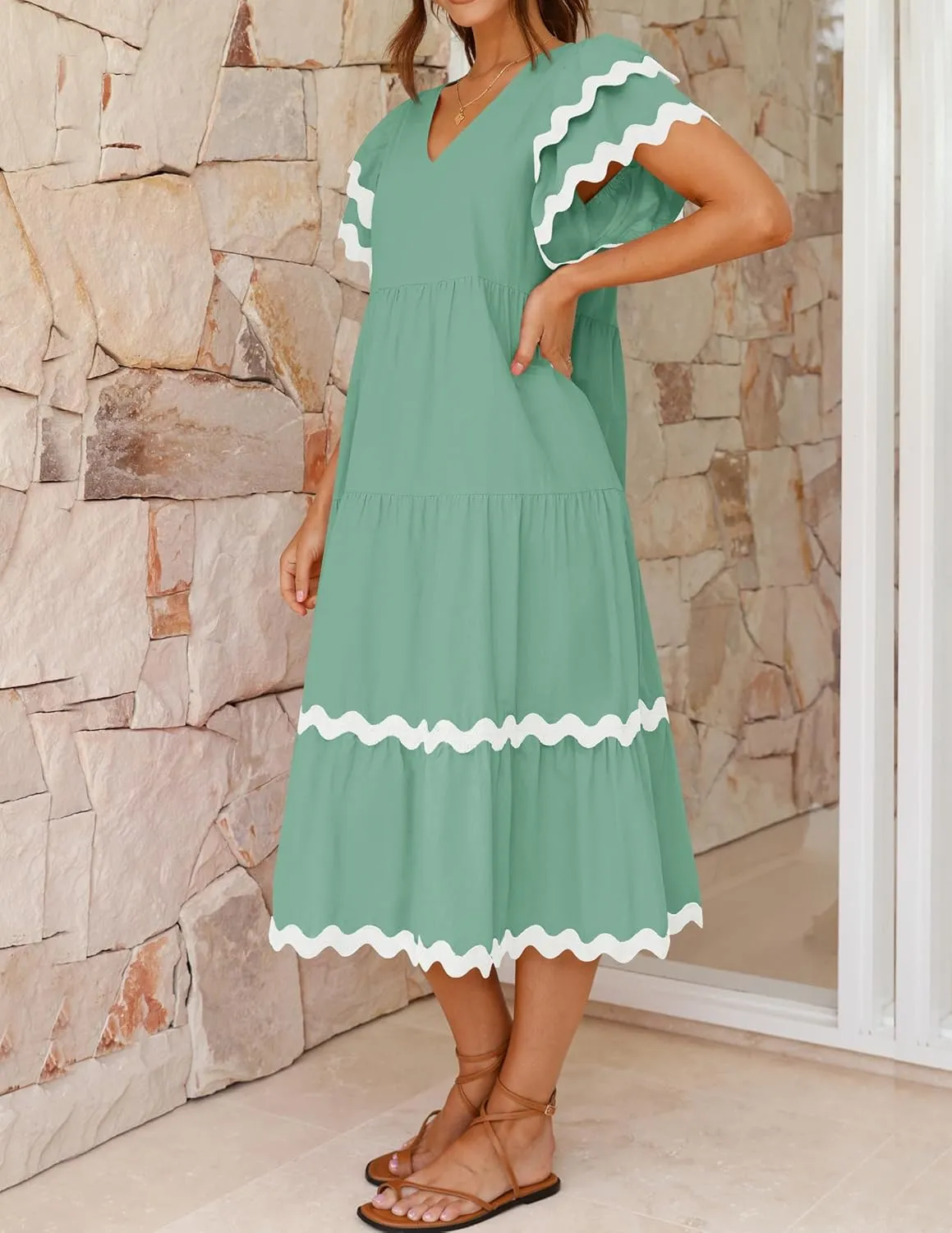 ZESICA Womens 2025 Summer Casual Midi Dresses V Neck Flutter Short Sleeve Ruffle Tiered A Line Flowy Beach Long Dress