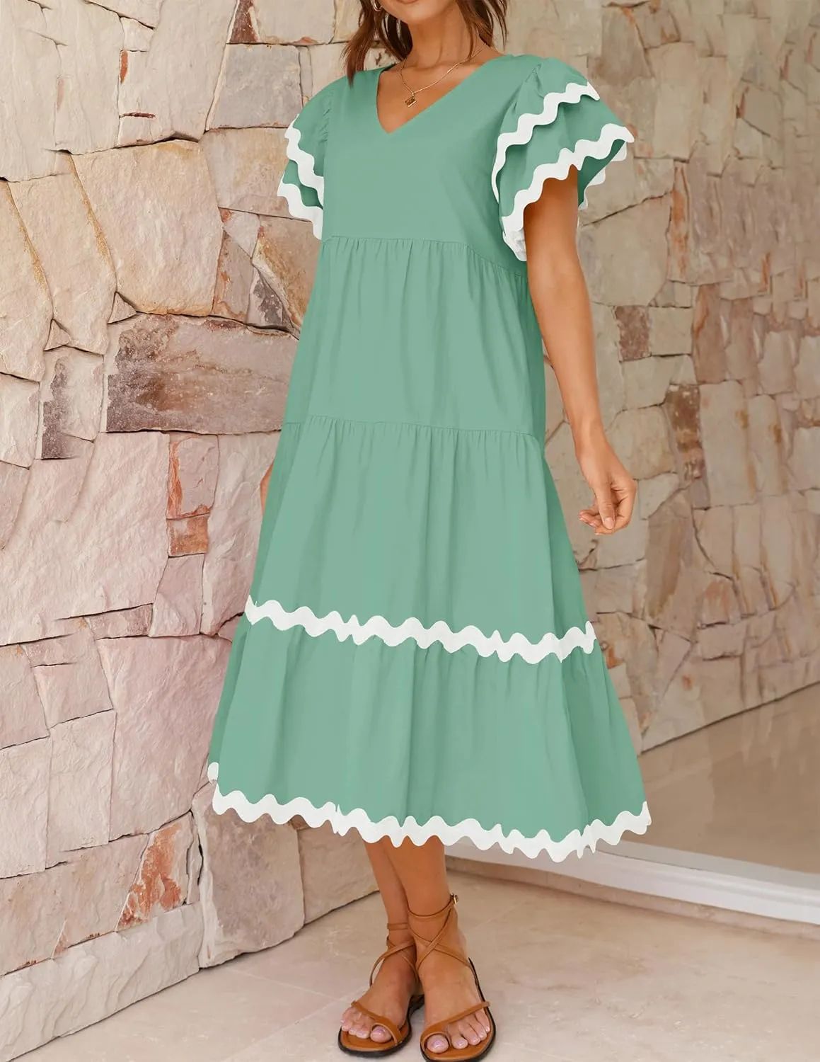 ZESICA Womens 2025 Summer Casual Midi Dresses V Neck Flutter Short Sleeve Ruffle Tiered A Line Flowy Beach Long Dress